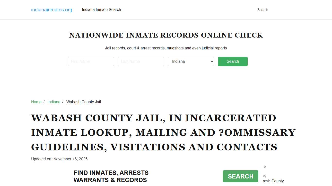 Wabash County Jail, IN: Offender Locator, Visitation & Contact Info